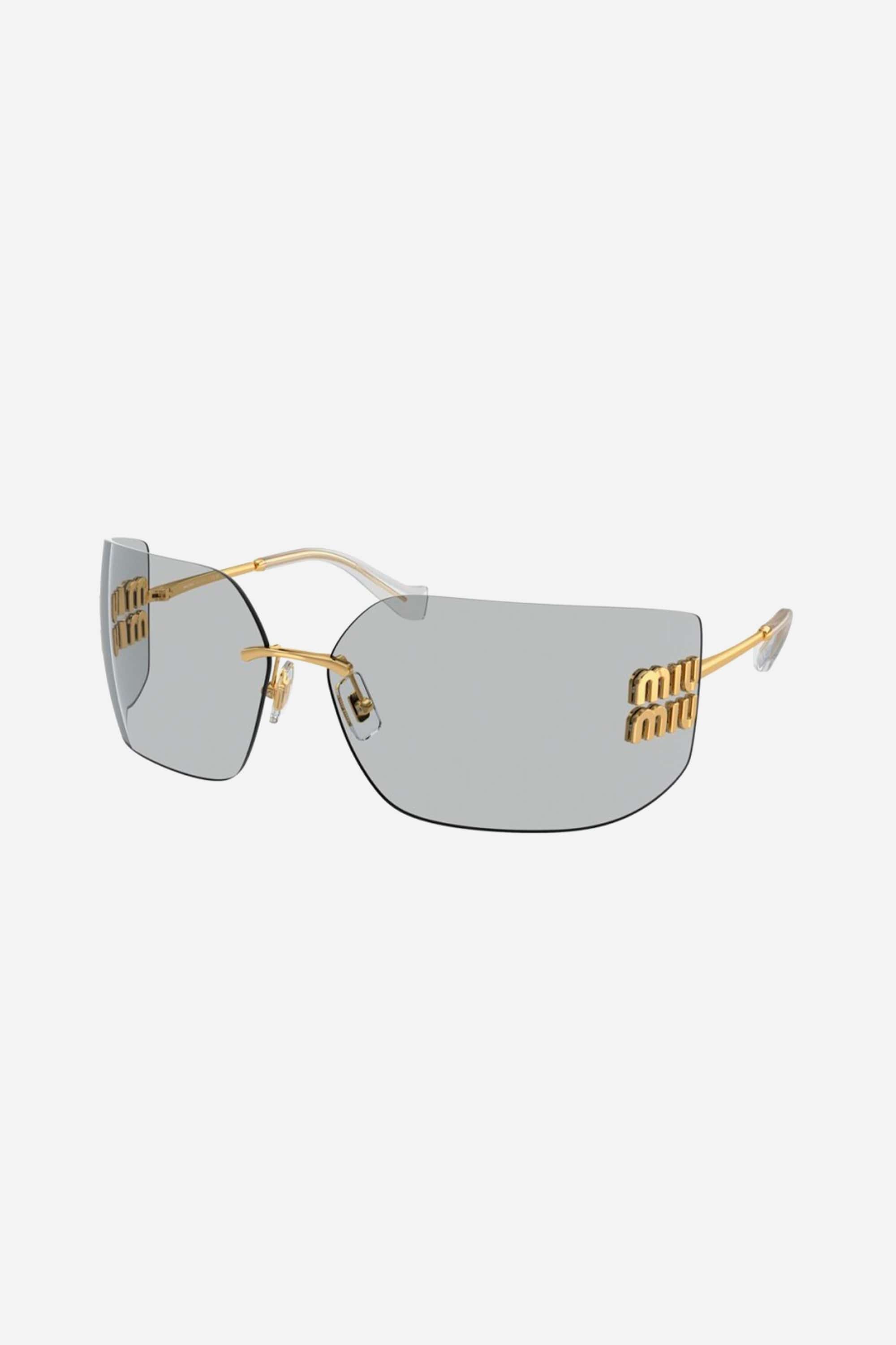 Miu Miu squared metal sunglasses with blue mirror and gold details - Eyewear Club