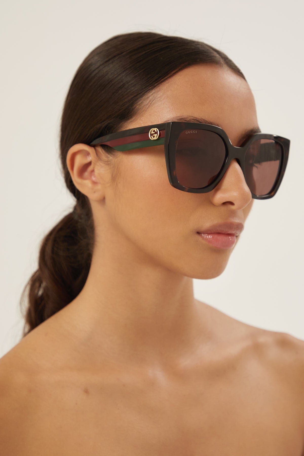 Gucci squared havana sunglasses with web temple - Eyewear Club