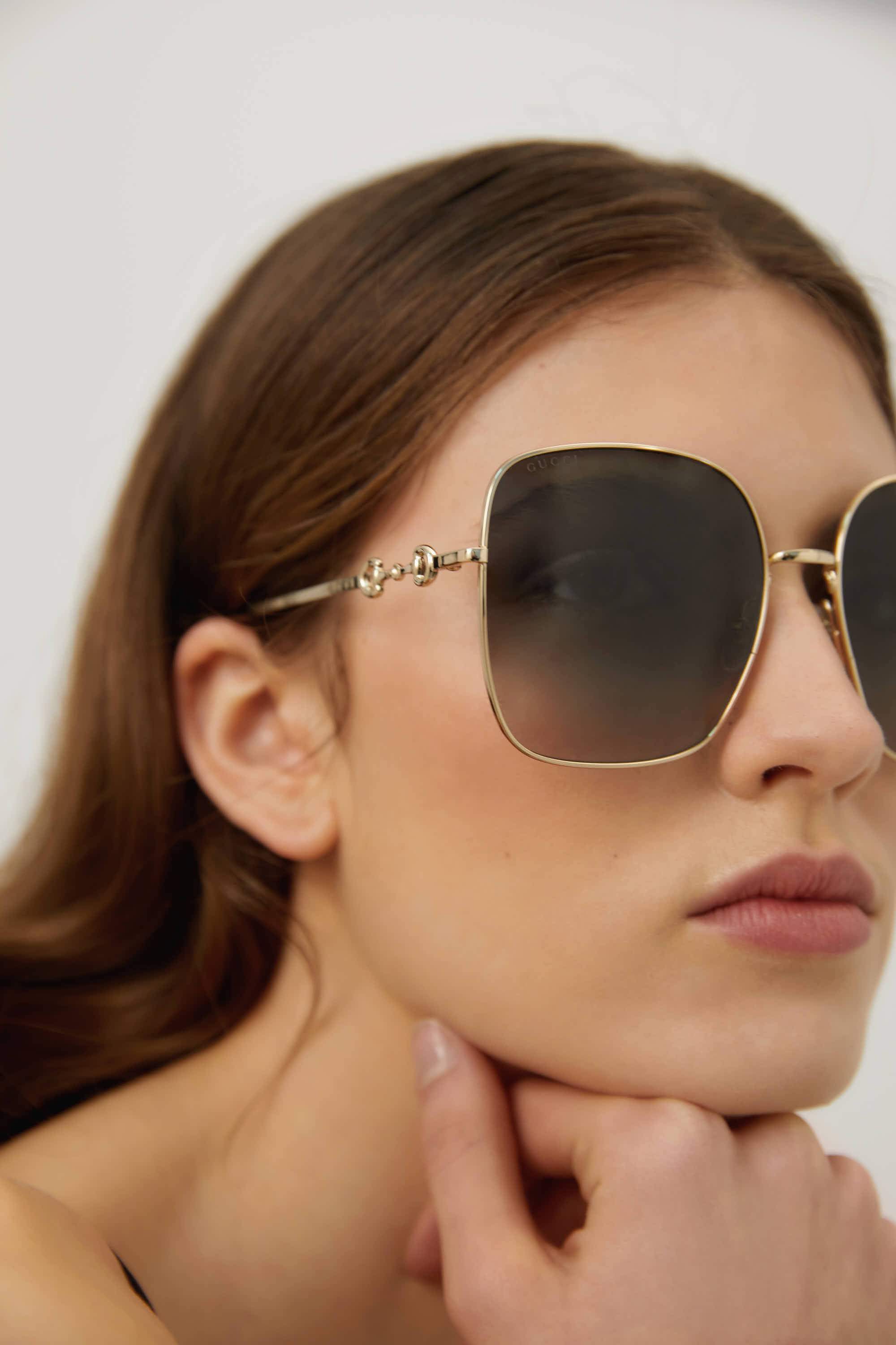 Gucci squared metal gold grey classic sunglasses with horsebit detail - Eyewear Club